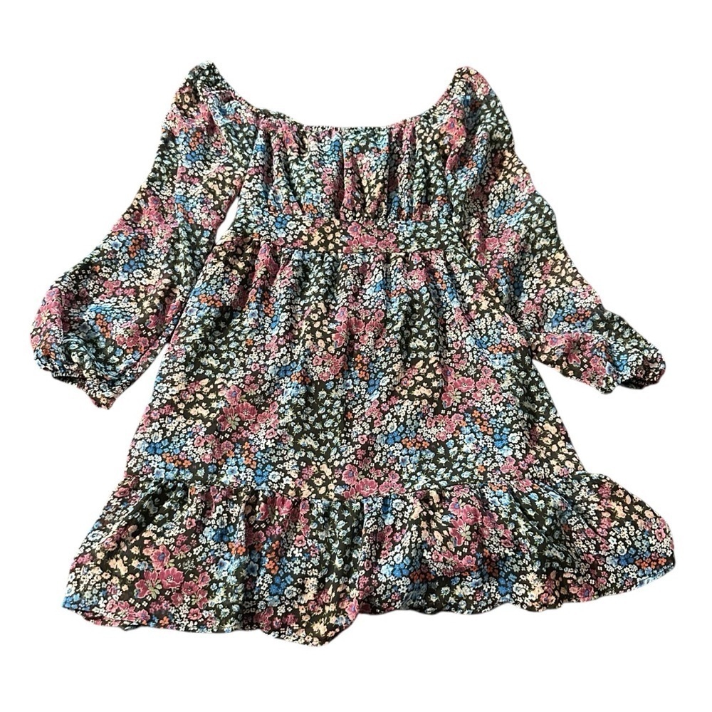 Rewind women's size medium mini off the shoulder black floral dress, ties back
